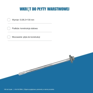 Wkręt do płyty warstwowej Info-GLOBAL AR12 W CSG 5,5/6,3×130 mm, kolory RAL, 100 szt.